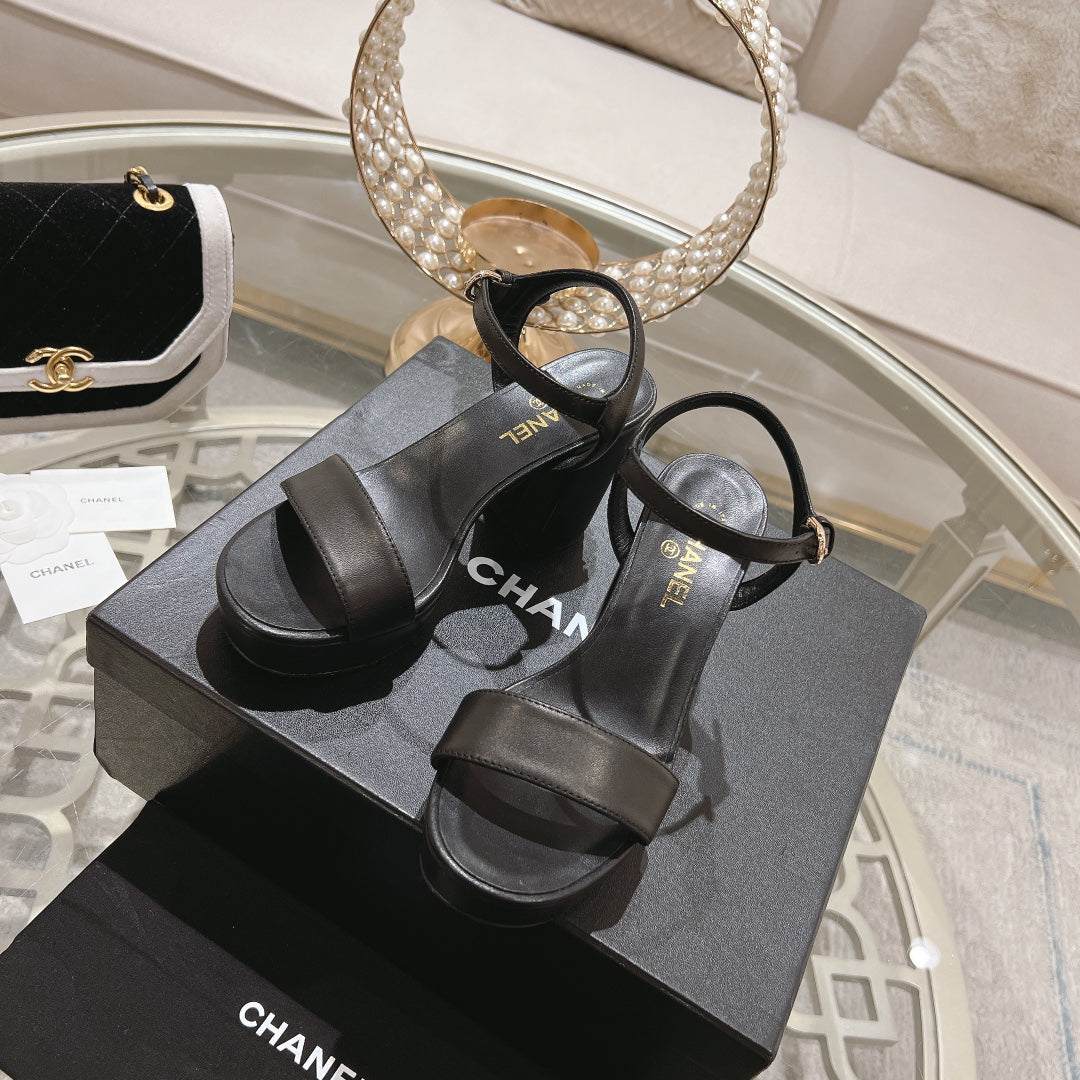 CHANEL 25C 10CM Mid Heed Sandals Black Italian Leather 213318