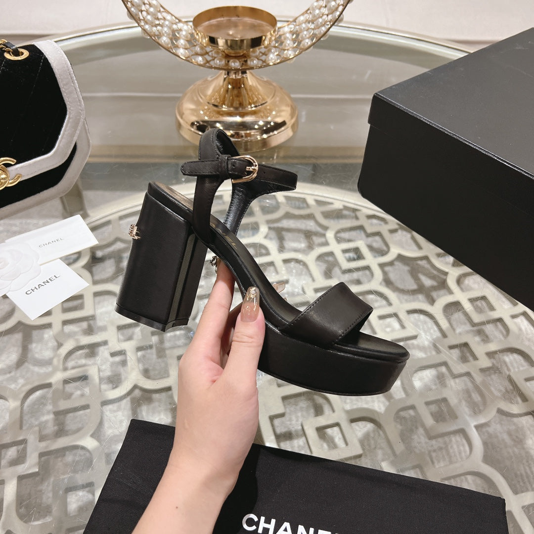 CHANEL 25C 10CM Mid Heed Sandals Black Italian Leather 213318