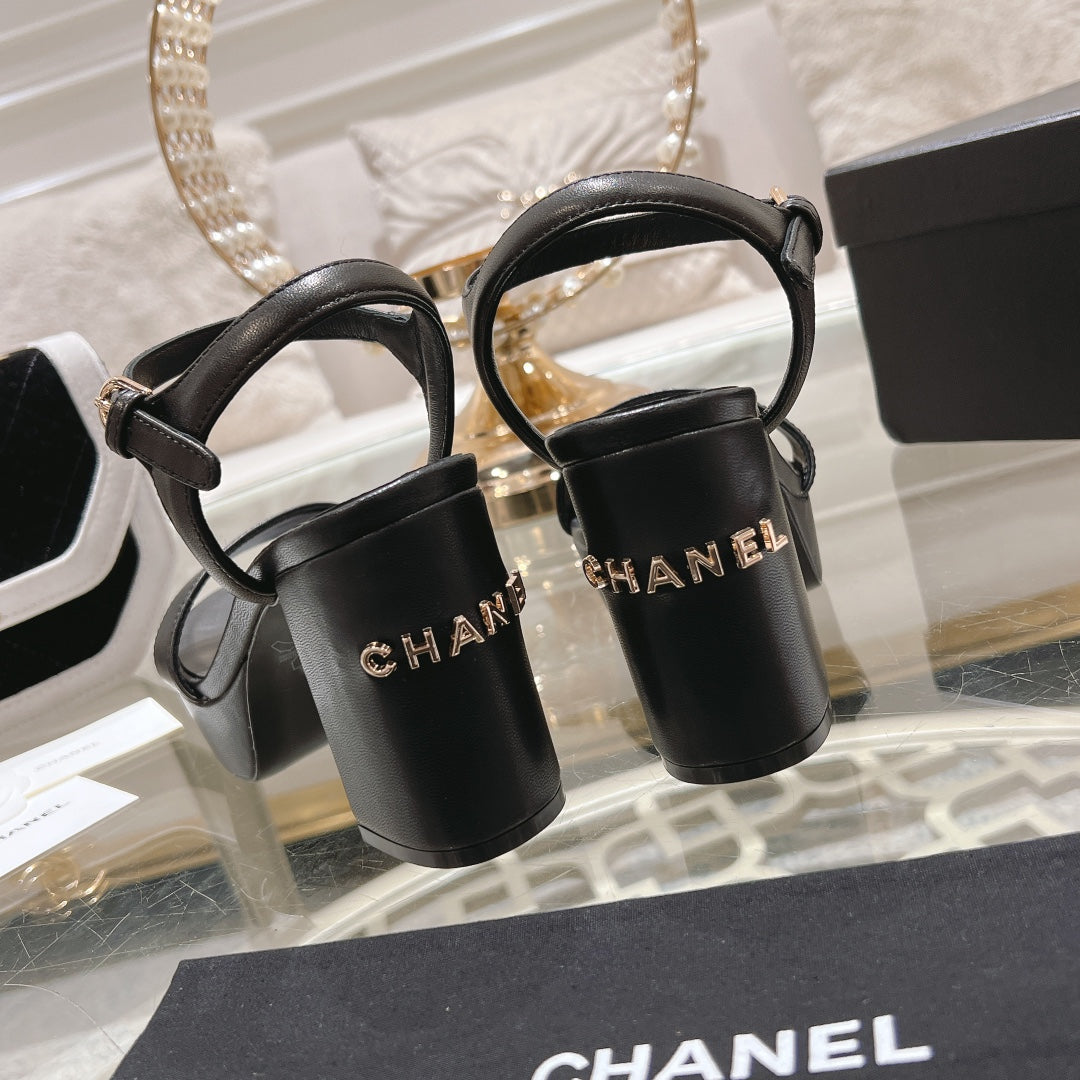 CHANEL 25C 10CM Mid Heed Sandals Black Italian Leather 213318