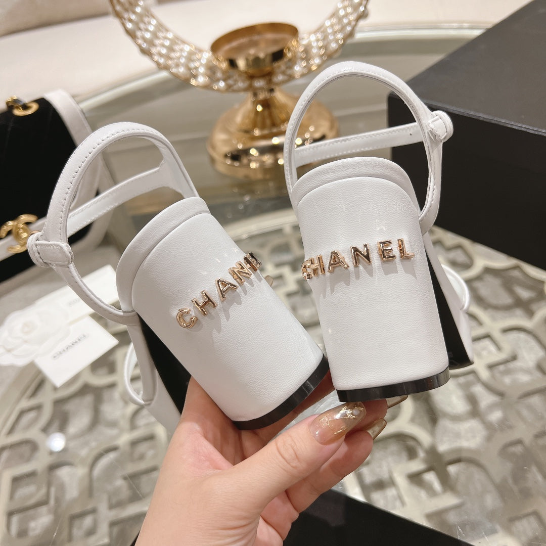 CHANEL 25C 10CM Mid Heed Sandals White Italian Leather 213319