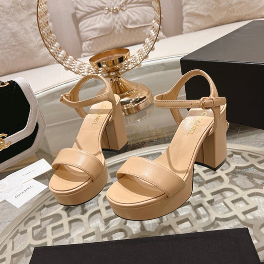CHANEL 25C 10CM Mid Heed Sandals Cream Italian Leather 213320