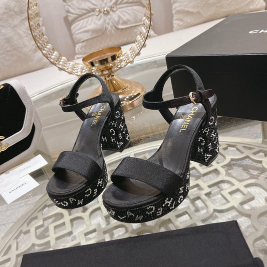 CHANEL 25C 10CM Mid Heed Sandals Black Fabric 213324