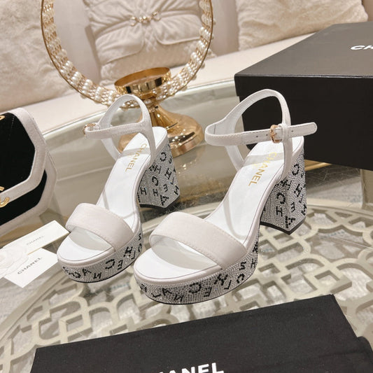 CHANEL 25C 10CM Mid Heed Sandals White Fabric 213325