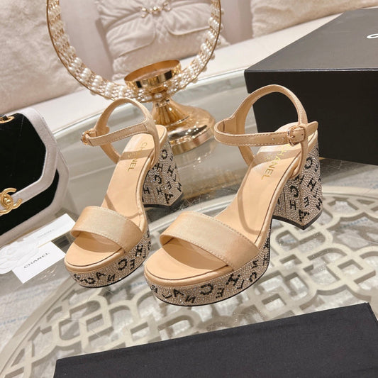 CHANEL 25C 10CM Mid Heed Sandals Cream Fabric 213326
