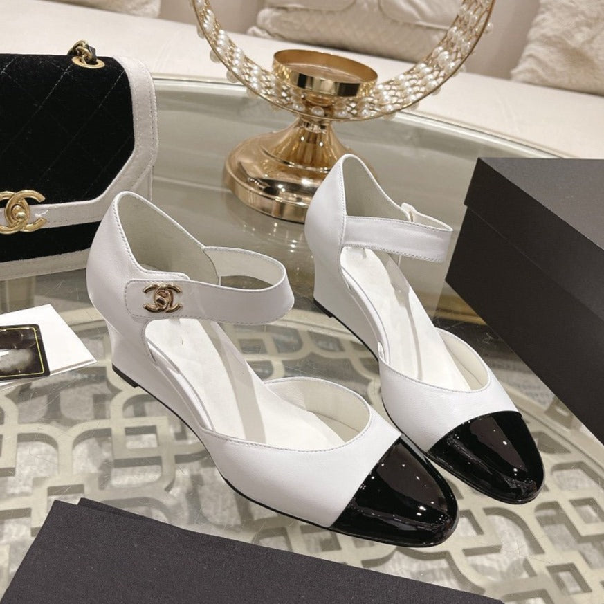CHANEL ballet 6cm white black wedge heel