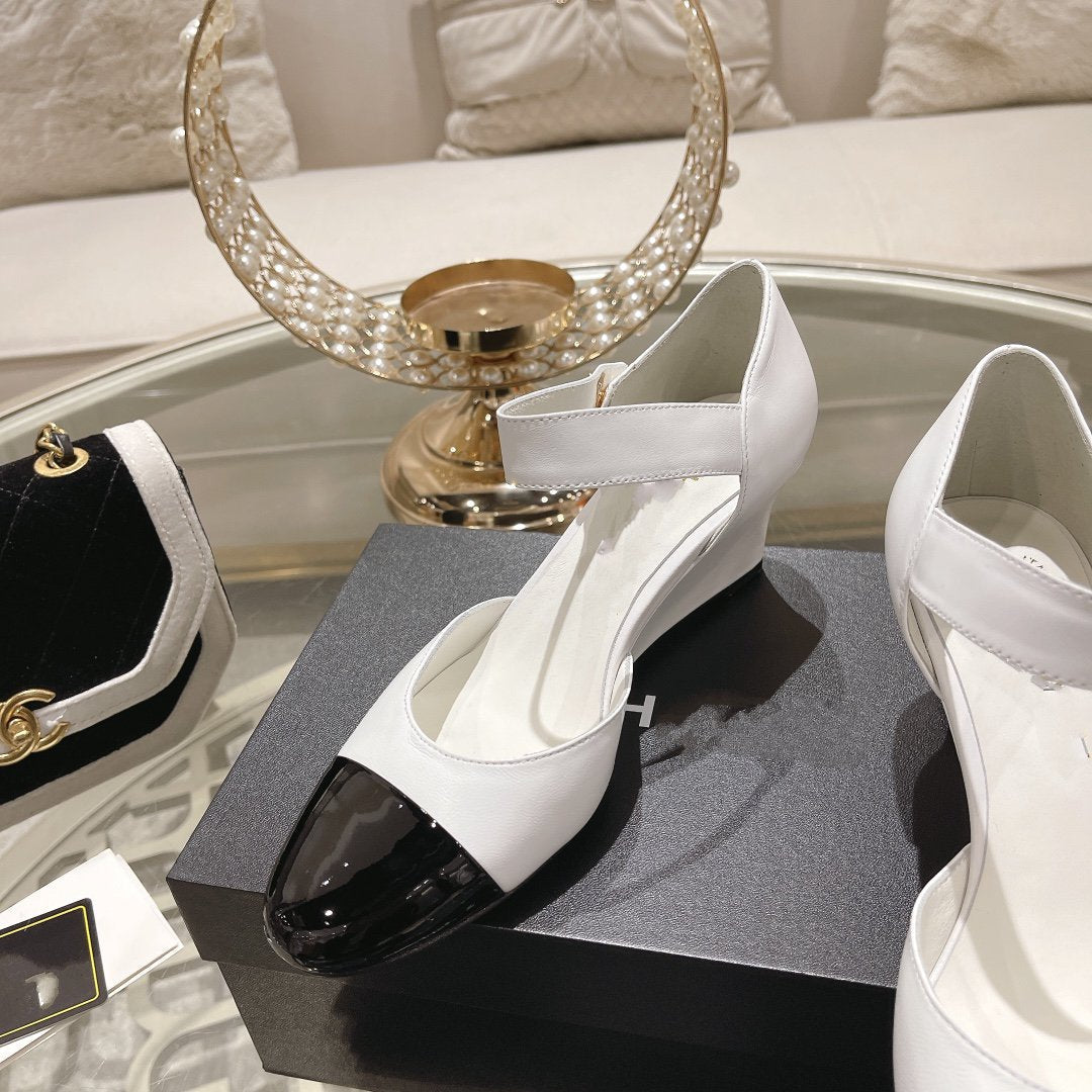 CHANEL ballet 6cm white black wedge heel