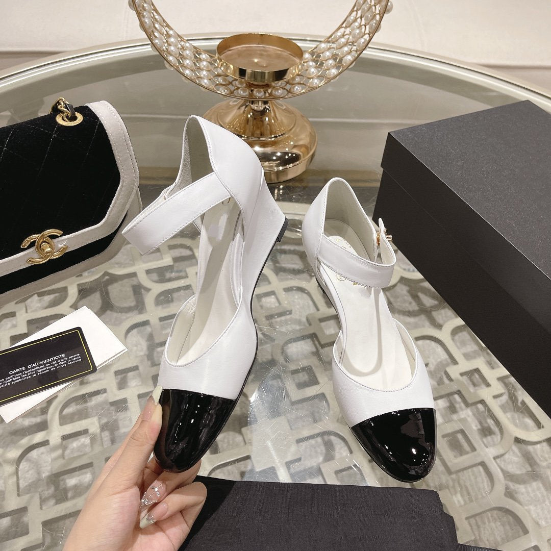 CHANEL ballet 6cm white black wedge heel