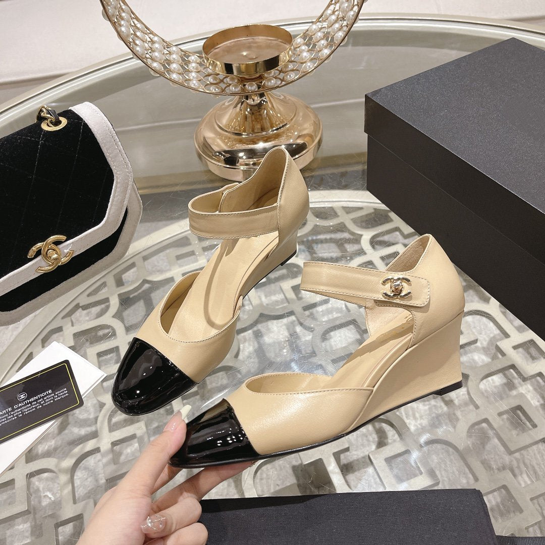 CHANEL ballet 6cm beige black wedge heel