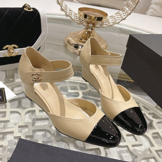 CHANEL ballet 6cm beige black wedge heel