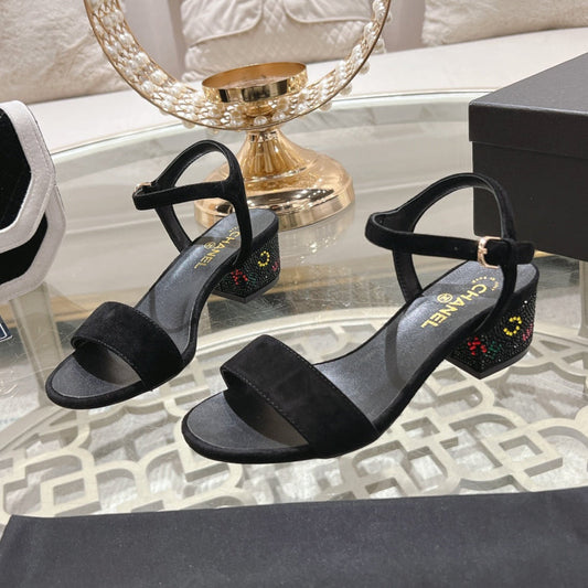 CHANEL 25C 5CM Mid Heed Sandals Black Suede 213327