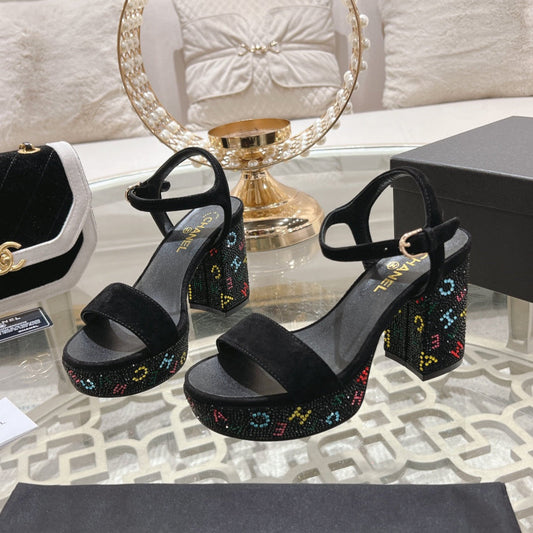 CHANEL 25C 10CM Mid Heed Sandals Black Suede 213328