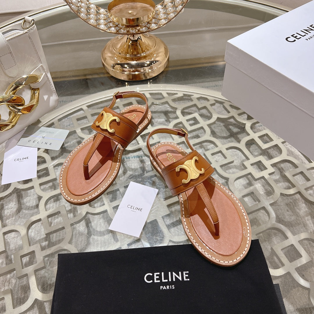 Celine LYMPIA TRIOMPHE THONG IN CALFSKIN CARAMEL BROWN