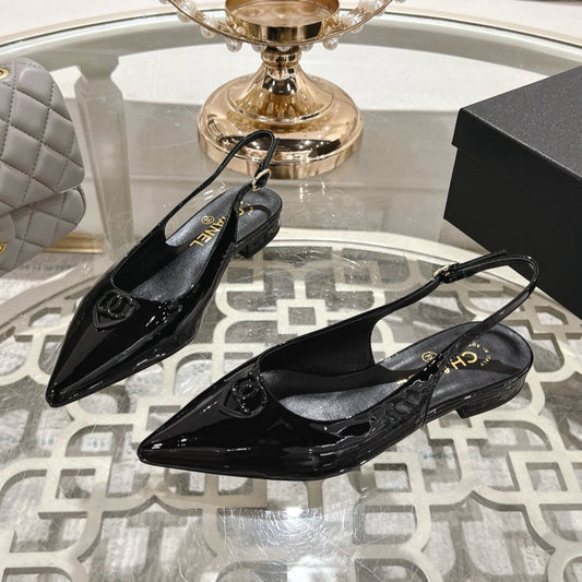 CHANEL 25C Slingback Flats Black Patent Leather 213329