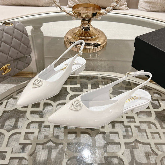 CHANEL 25C Slingback Flats White Patent Leather 213330