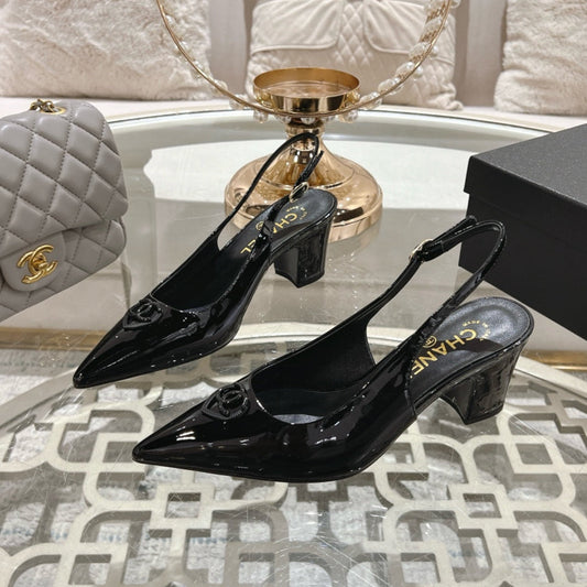 CHANEL 25C Slingback Flats Black Patent Leather 213335