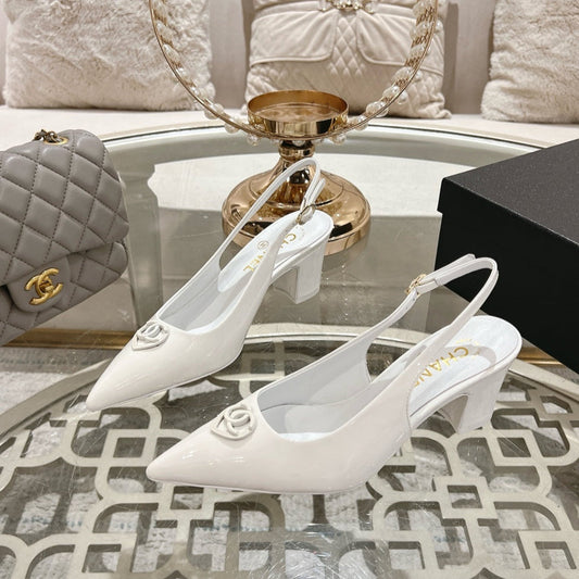 CHANEL 25C Slingback Flats White Patent Leather 213336