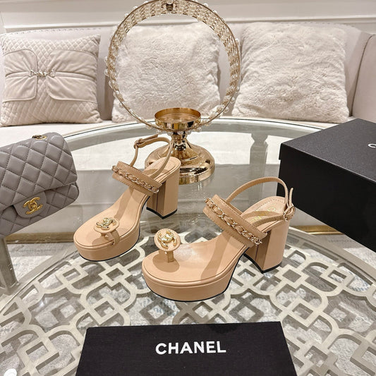 CHANEL 25 Sandal Platform Heels Nude Lambskin 268973
