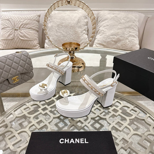 CHANEL 25 Sandal Platform Heels White Lambskin 268974