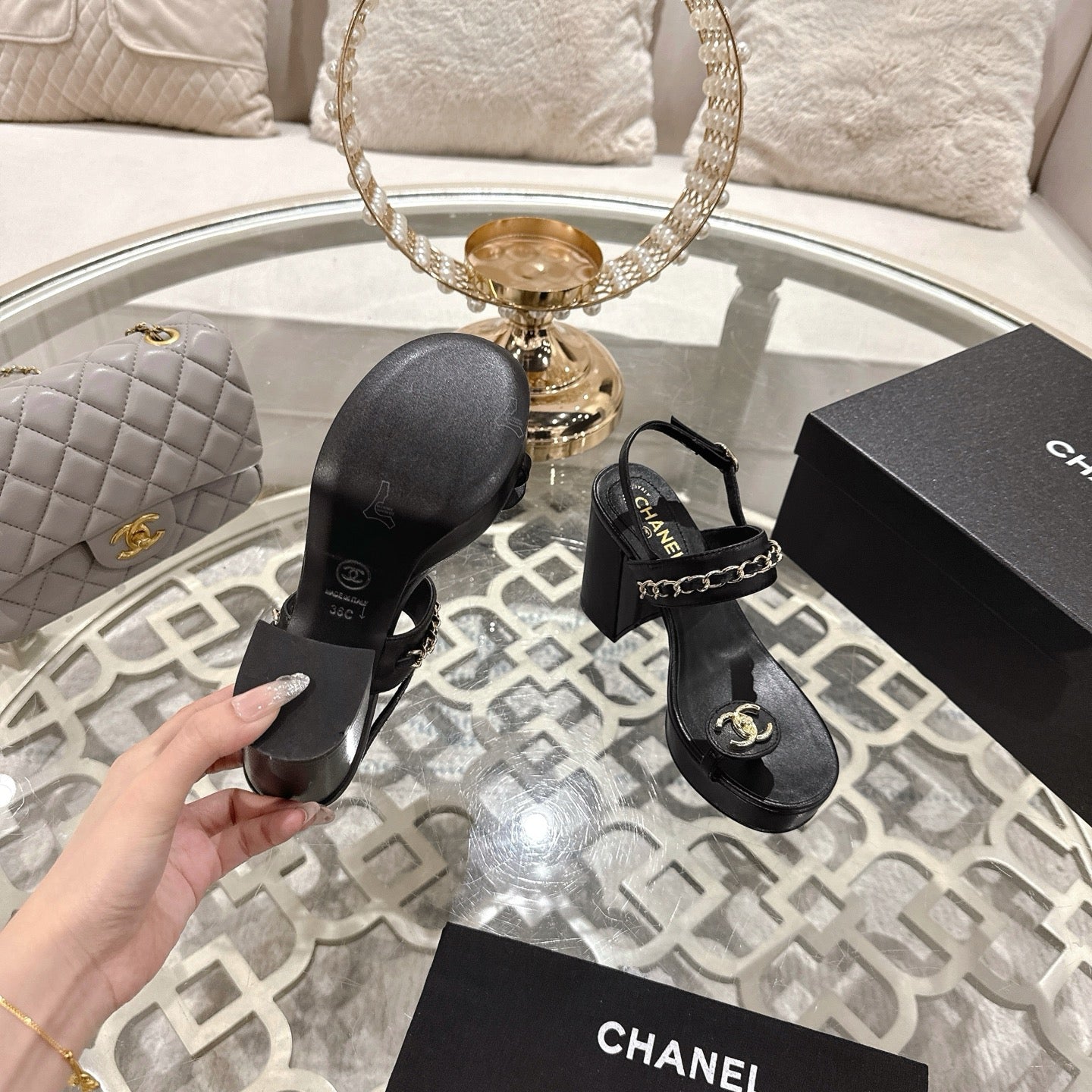 CHANEL 25 Sandal Platform Heels Black Lambskin 268975