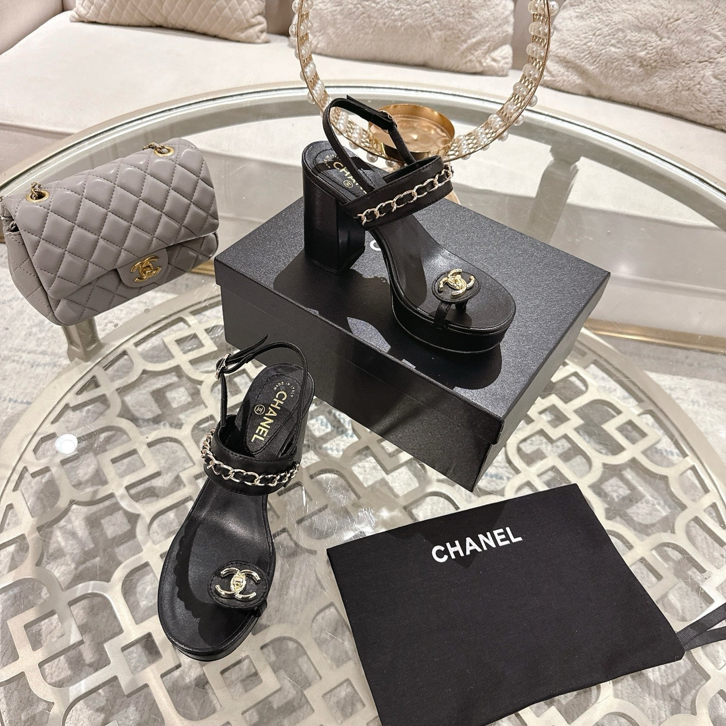 CHANEL 25 Sandal Platform Heels Black Lambskin 268975