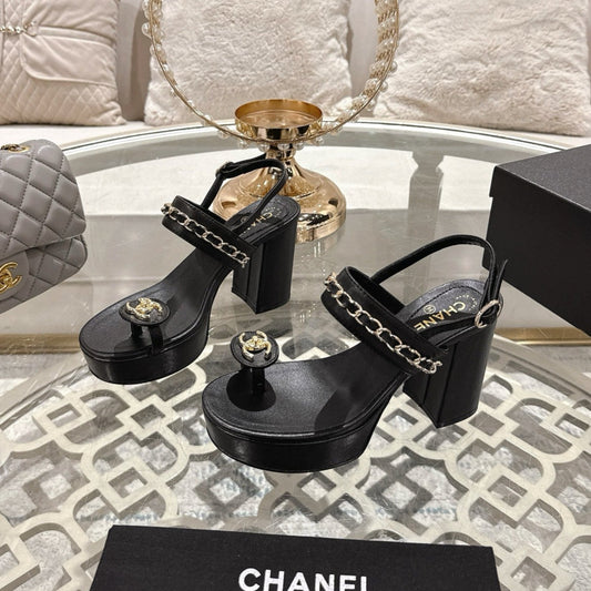 CHANEL 25 Sandal Platform Heels Black Lambskin 268975
