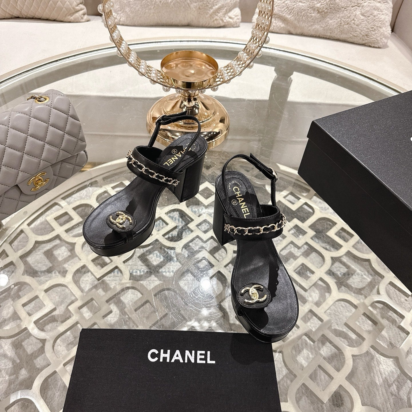 CHANEL 25 Sandal Platform Heels Black Lambskin 268975