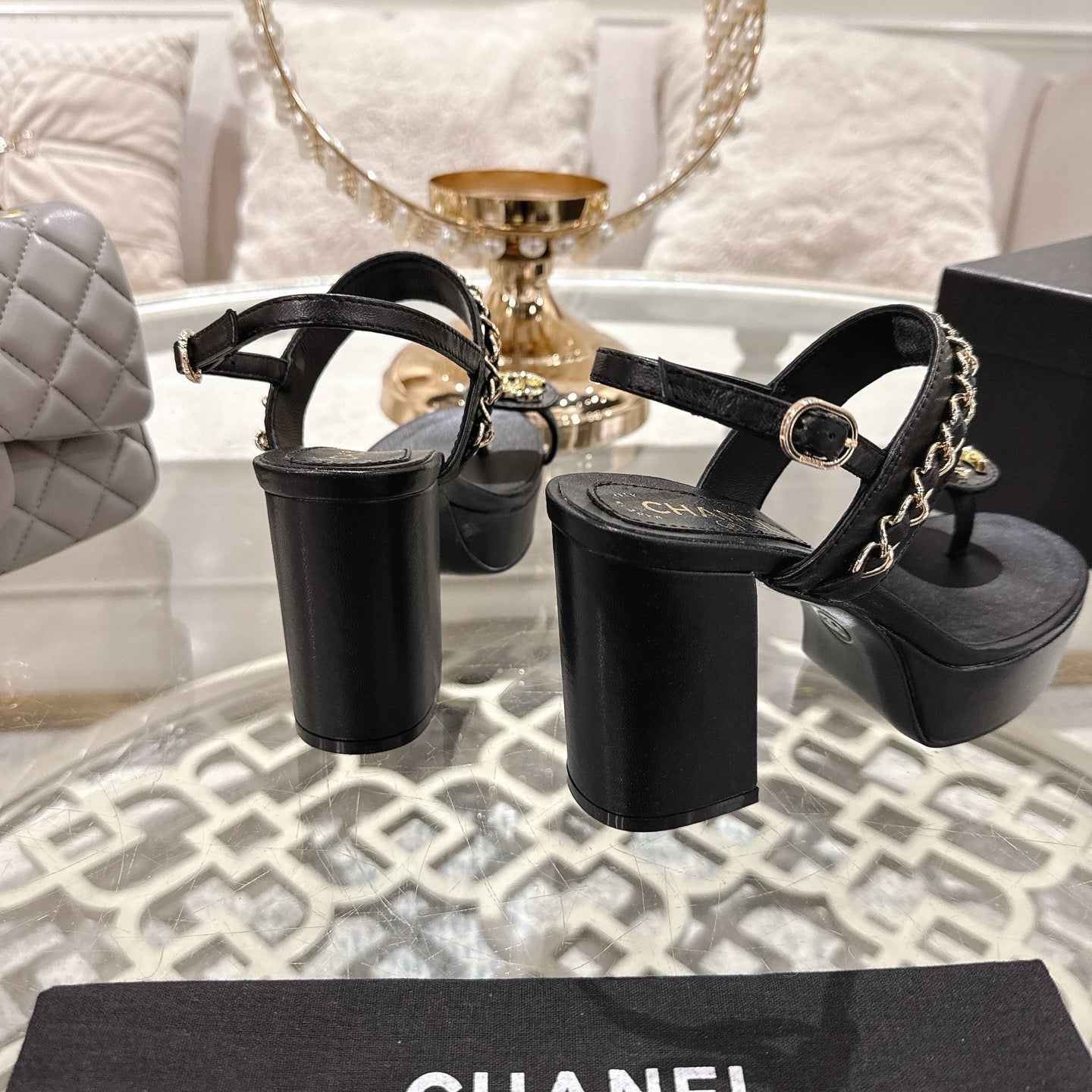 CHANEL 25 Sandal Platform Heels Black Lambskin 268975