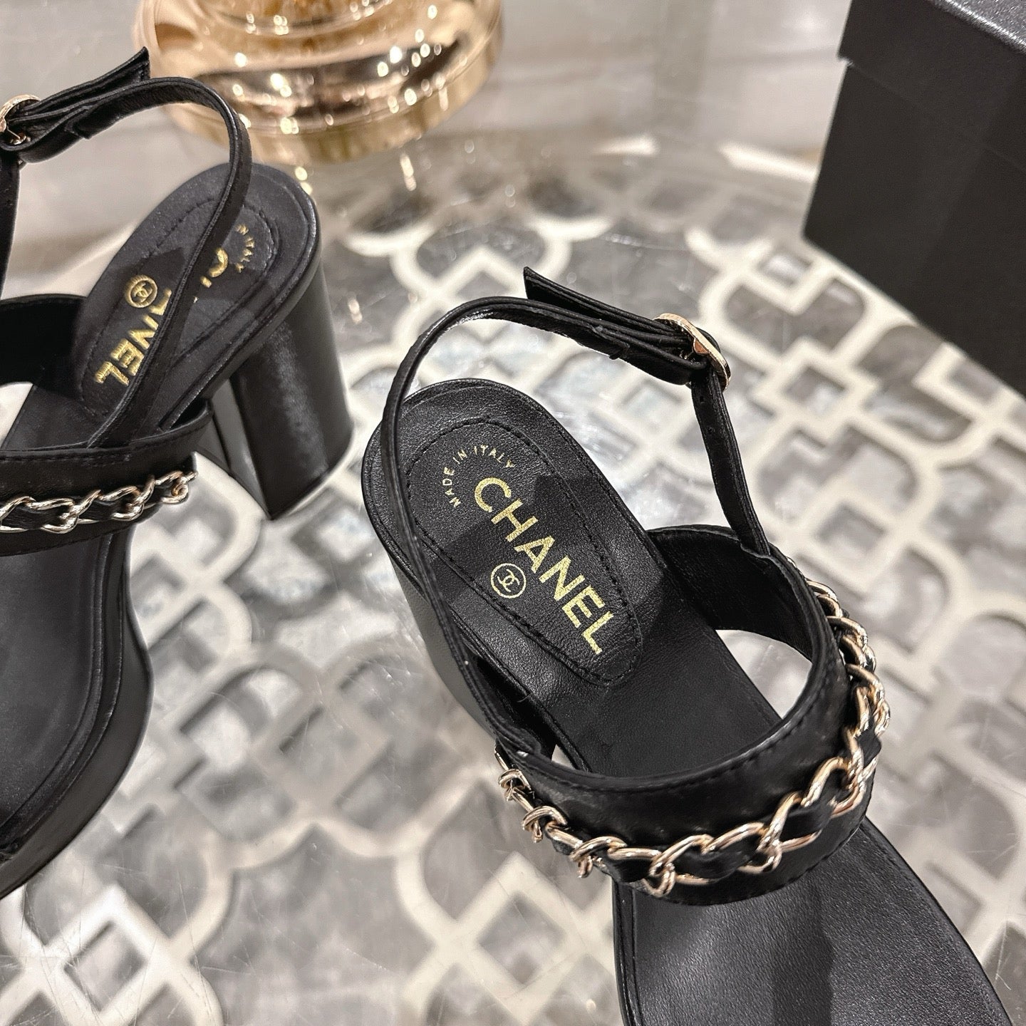 CHANEL 25 Sandal Platform Heels Black Lambskin 268975