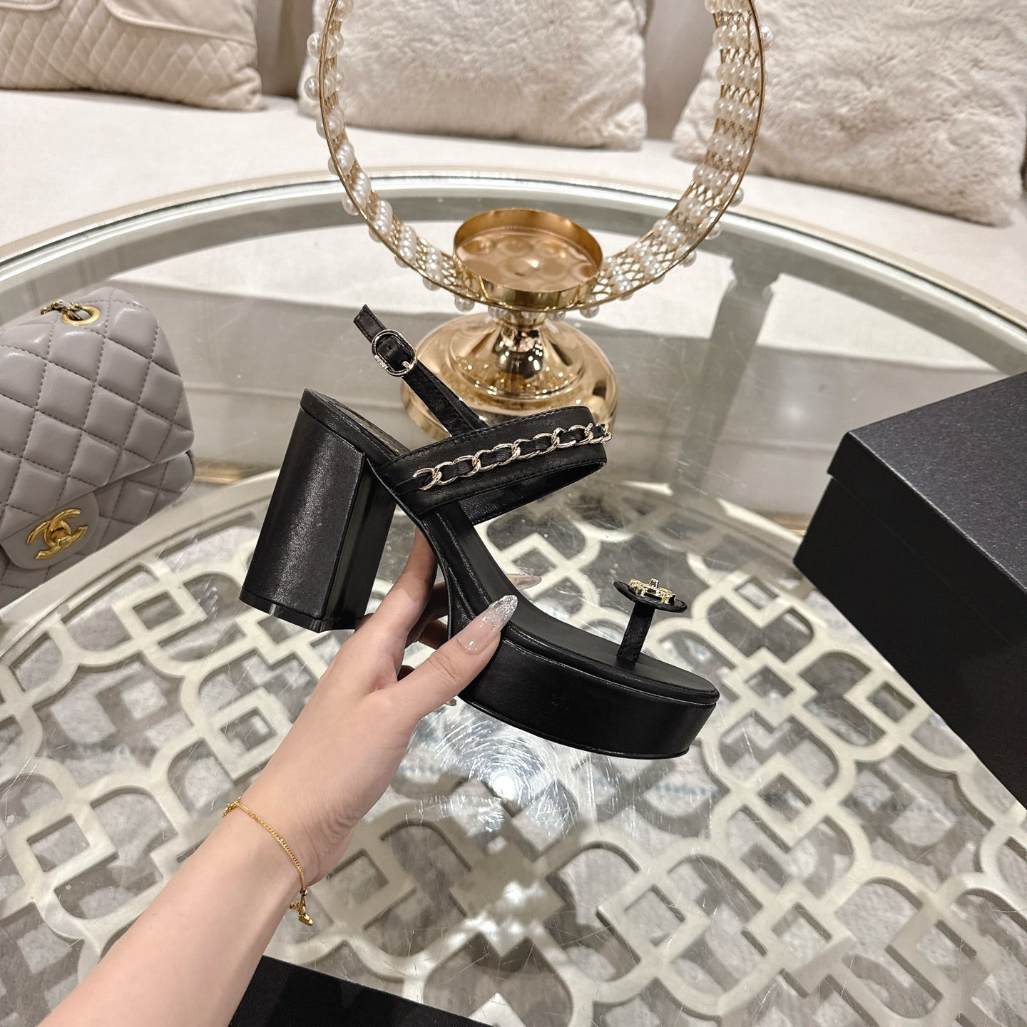 CHANEL 25 Sandal Platform Heels Black Lambskin 268975