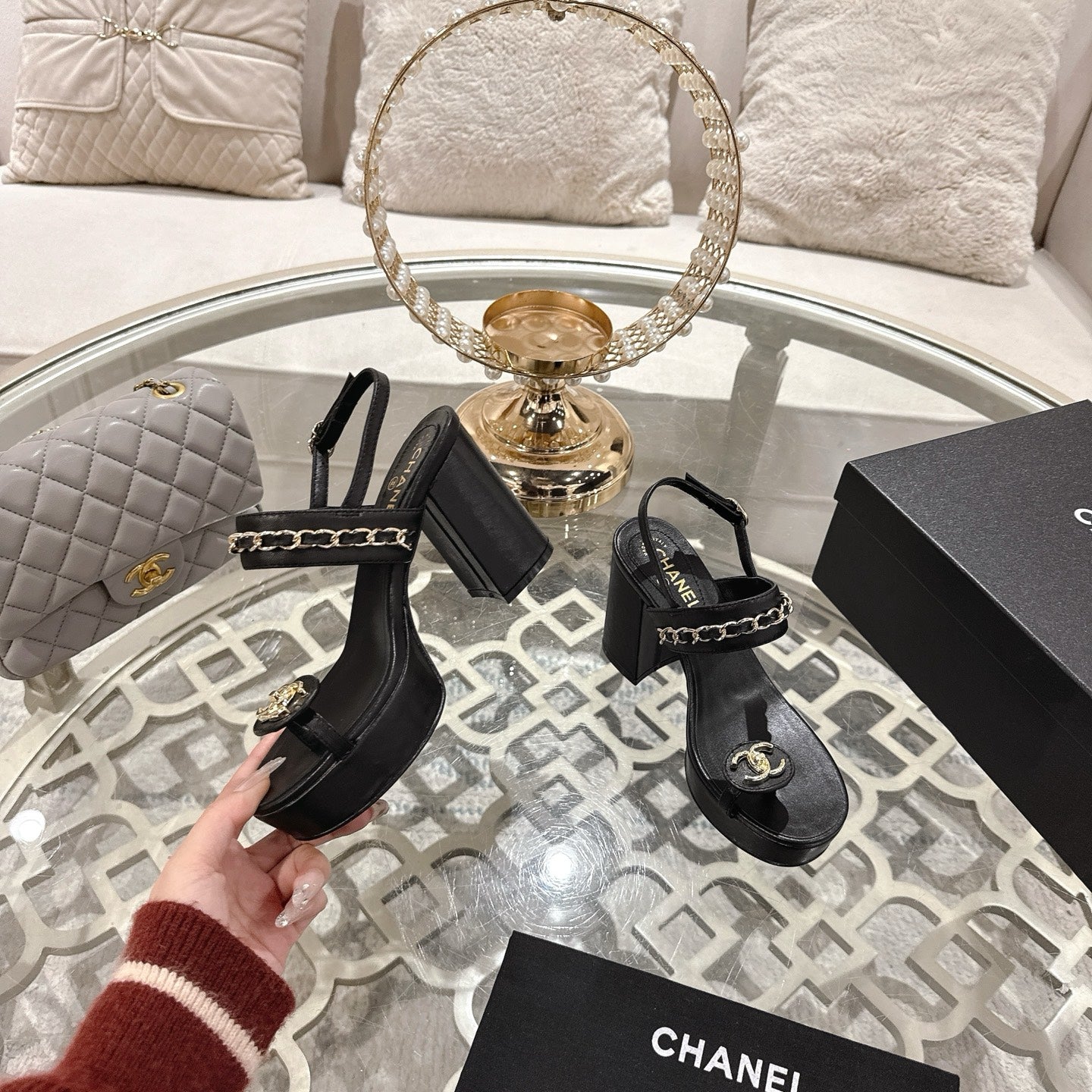 CHANEL 25 Sandal Platform Heels Black Lambskin 268975
