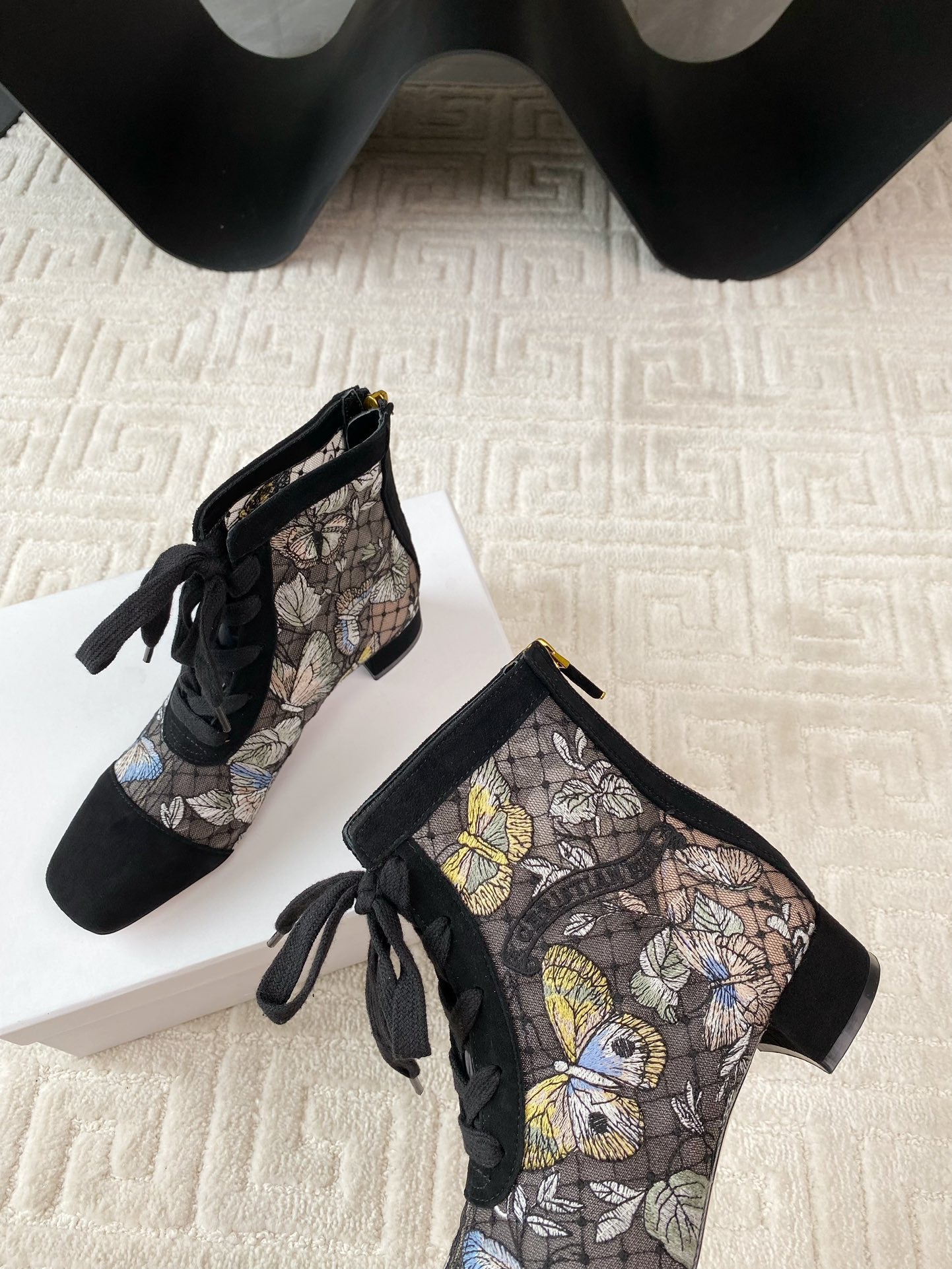 DIOR Naughtily-D Heeled Ankle Boot Black Mix Yellow Blue Transparent Mesh Butterfly And Suede