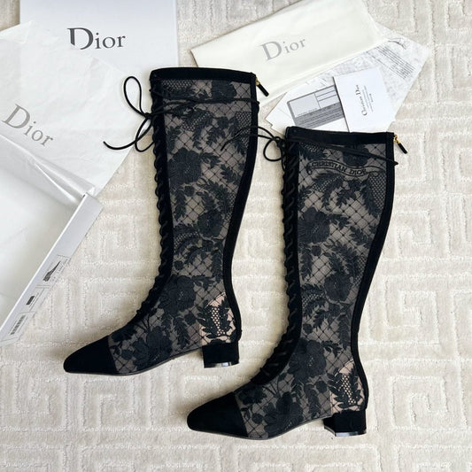 DIOR Naughtily-D Heeled High Boots Black Transparent Mesh Roses Embroidery And Suede