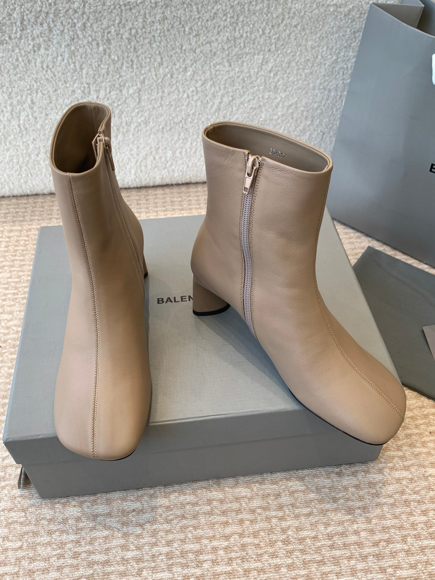 Balanciaga ANKLE BOOTS IN LIGHT BROWN LOGO EMBOSSED SOFT SHEEPSKIN