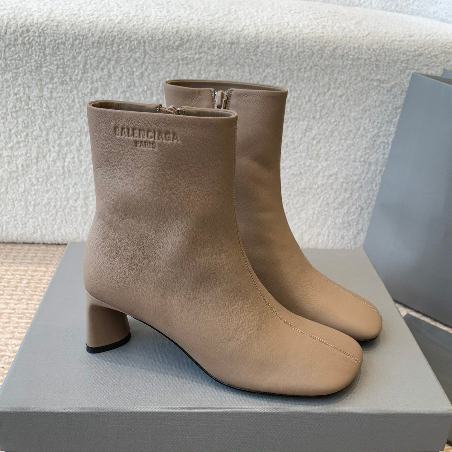 Balanciaga ANKLE BOOTS IN LIGHT BROWN LOGO EMBOSSED SOFT SHEEPSKIN