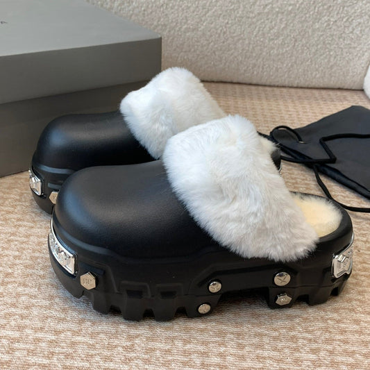Balanciaga PLATFORM MULES IN BLACK RUBBER MIX RABBIT FUR SILVER HARDWARE