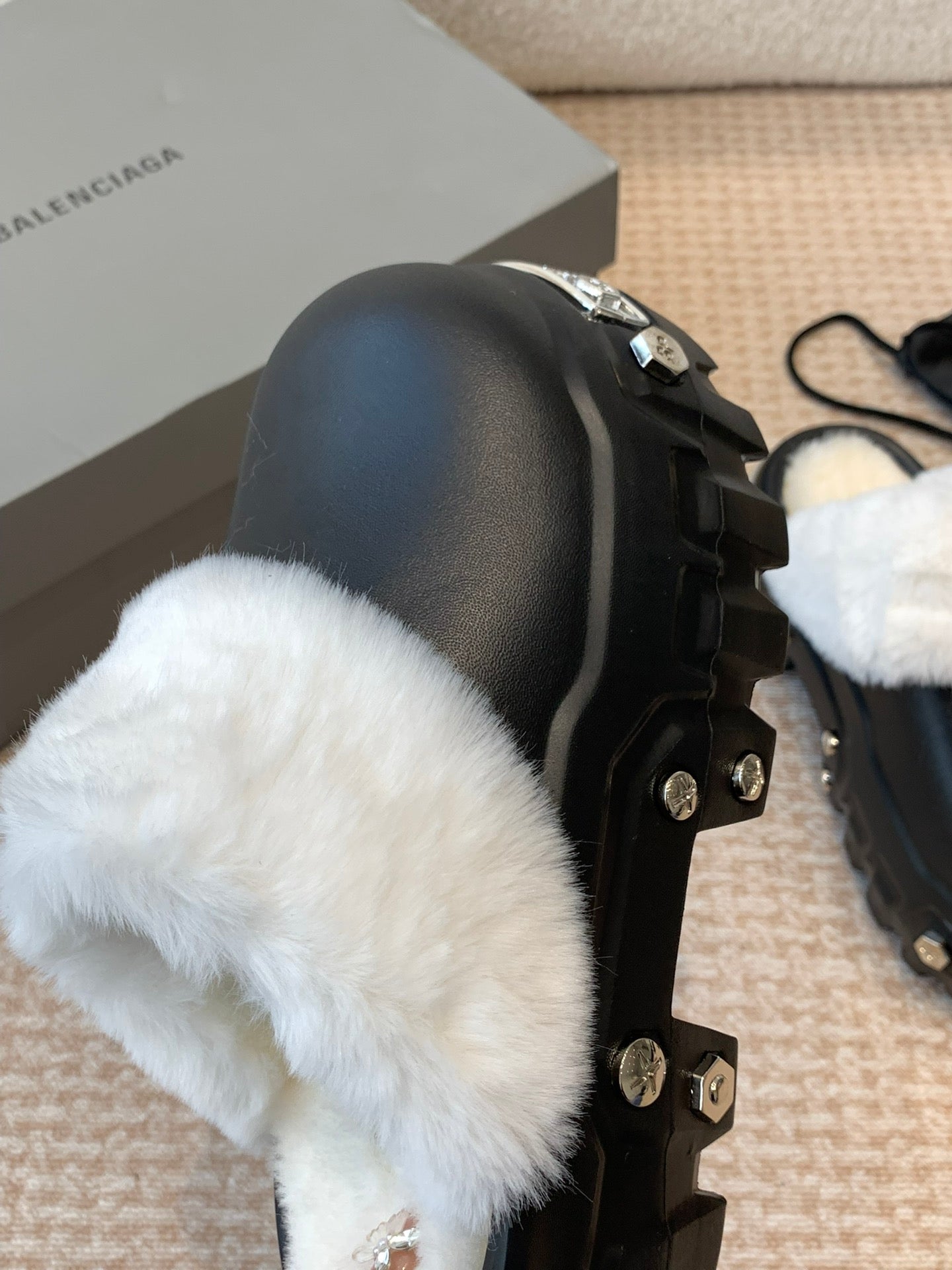 Balanciaga PLATFORM MULES IN BLACK RUBBER MIX RABBIT FUR SILVER HARDWARE