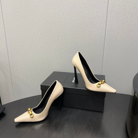 Saint Laurent HIGH PUMPS IN CREAM GLOSSY CALFSKIN ATTACHED GOLD CHAIN