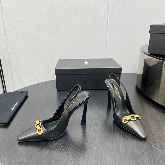 Saint Laurent GOLD CHAIN ATTACHED HIGH SLINGBACK IN BLACK SMOOTH LAMBSKIN