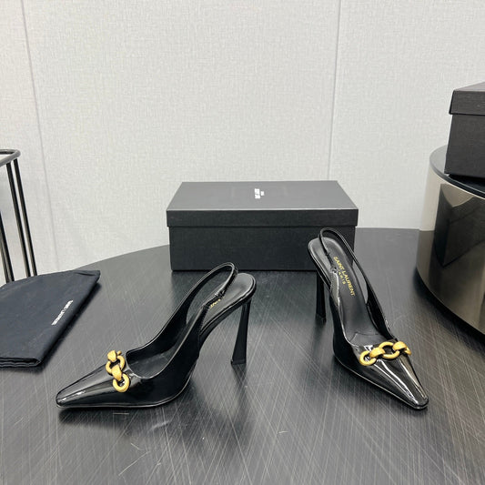 Saint Laurent GOLD CHAIN ATTACHED HIGH SLINGBACK IN BLACK GLOSSY CALFSKIN
