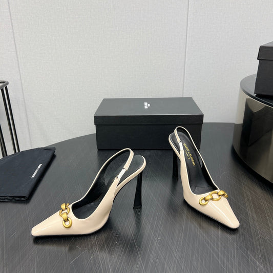 Saint Laurent GOLD CHAIN ATTACHED HIGH SLINGBACK IN CREAM GLOSSY CALFSKIN