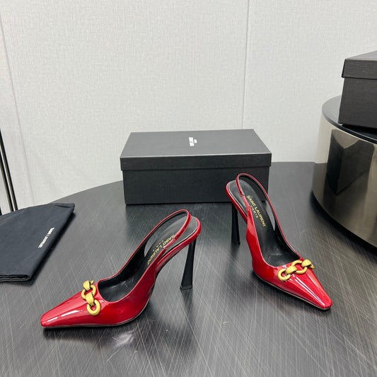 Saint Laurent GOLD CHAIN ATTACHED HIGH SLINGBACK IN RED GLOSSY CALFSKIN