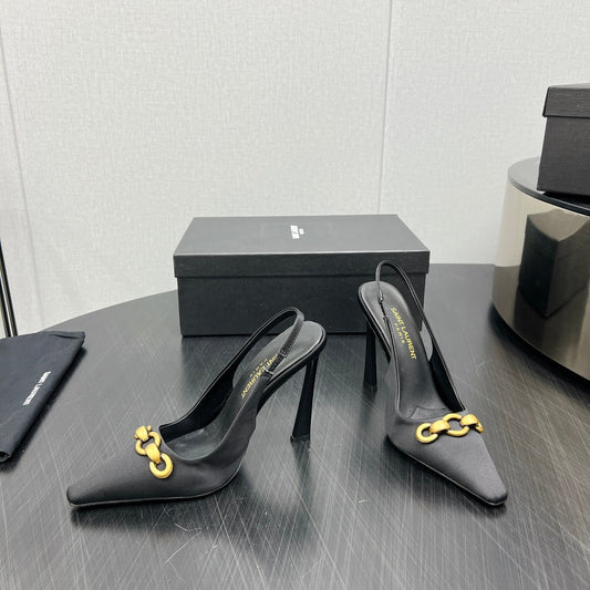 Saint Laurent GOLD CHAIN ATTACHED HIGH SLINGBACK IN BLACK SILK