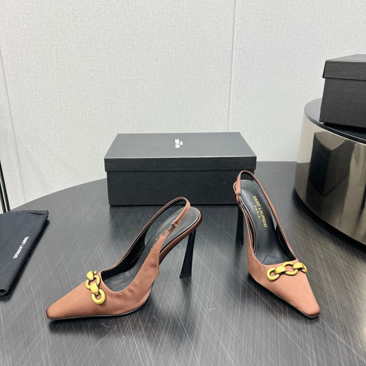 Saint Laurent GOLD CHAIN ATTACHED HIGH SLINGBACK IN TOFFEE BROWN SILK