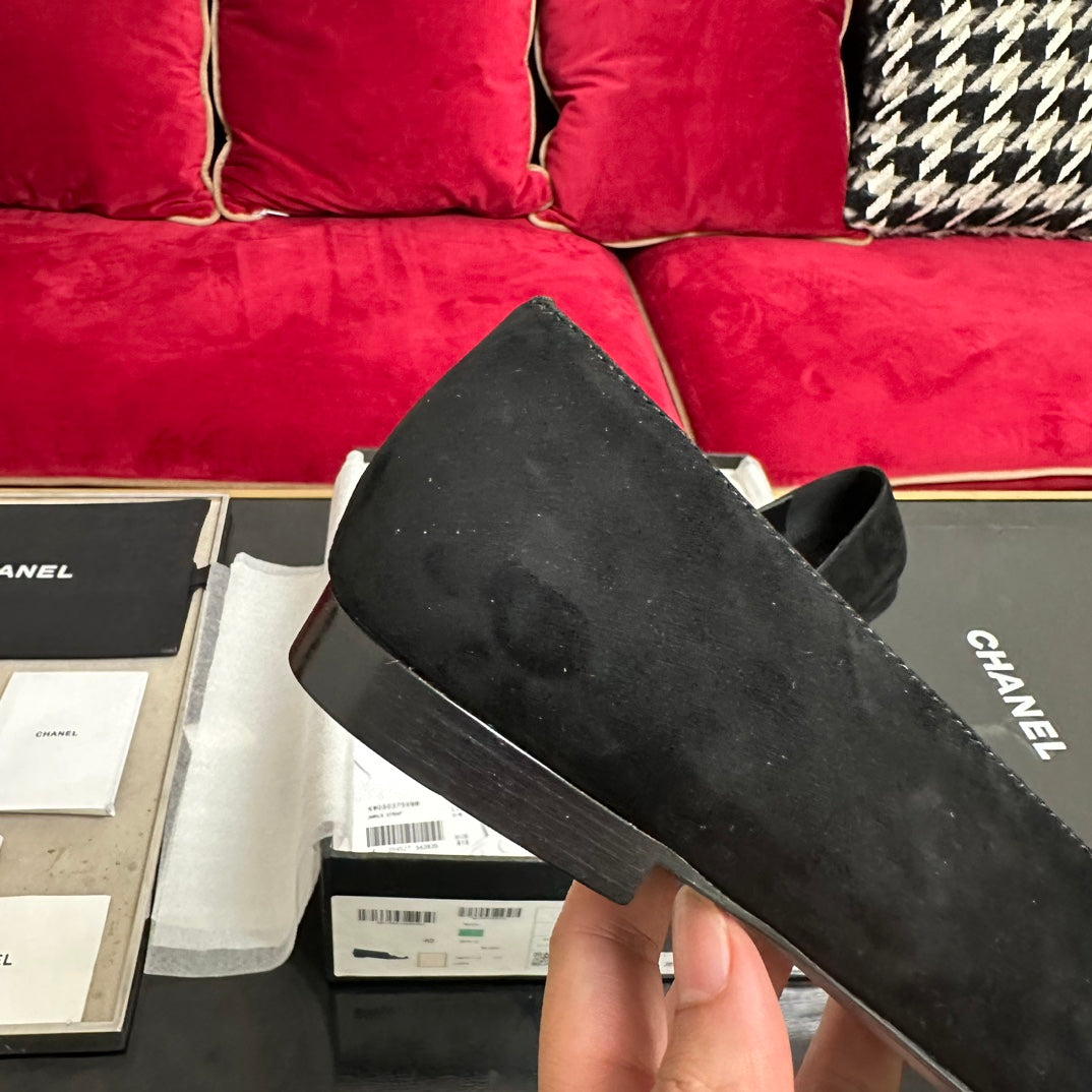 CHANEL ballet flat flower all black suede