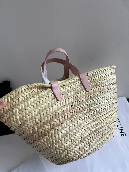 Celine medium classic panier 25cm raffia and tan calfskin
