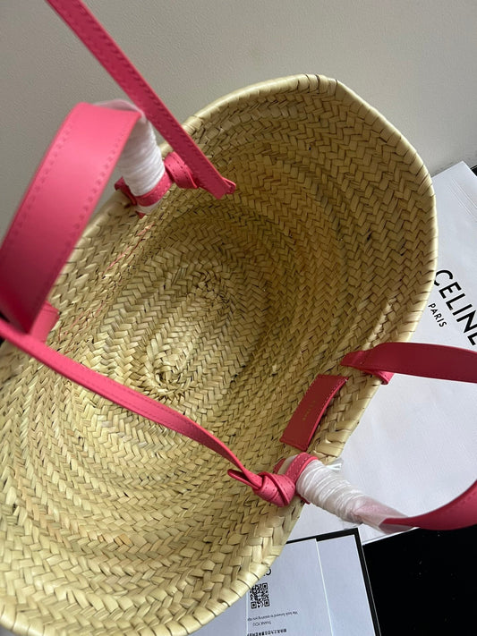Celine medium classic panier 25cm raffia and dark pink calfskin
