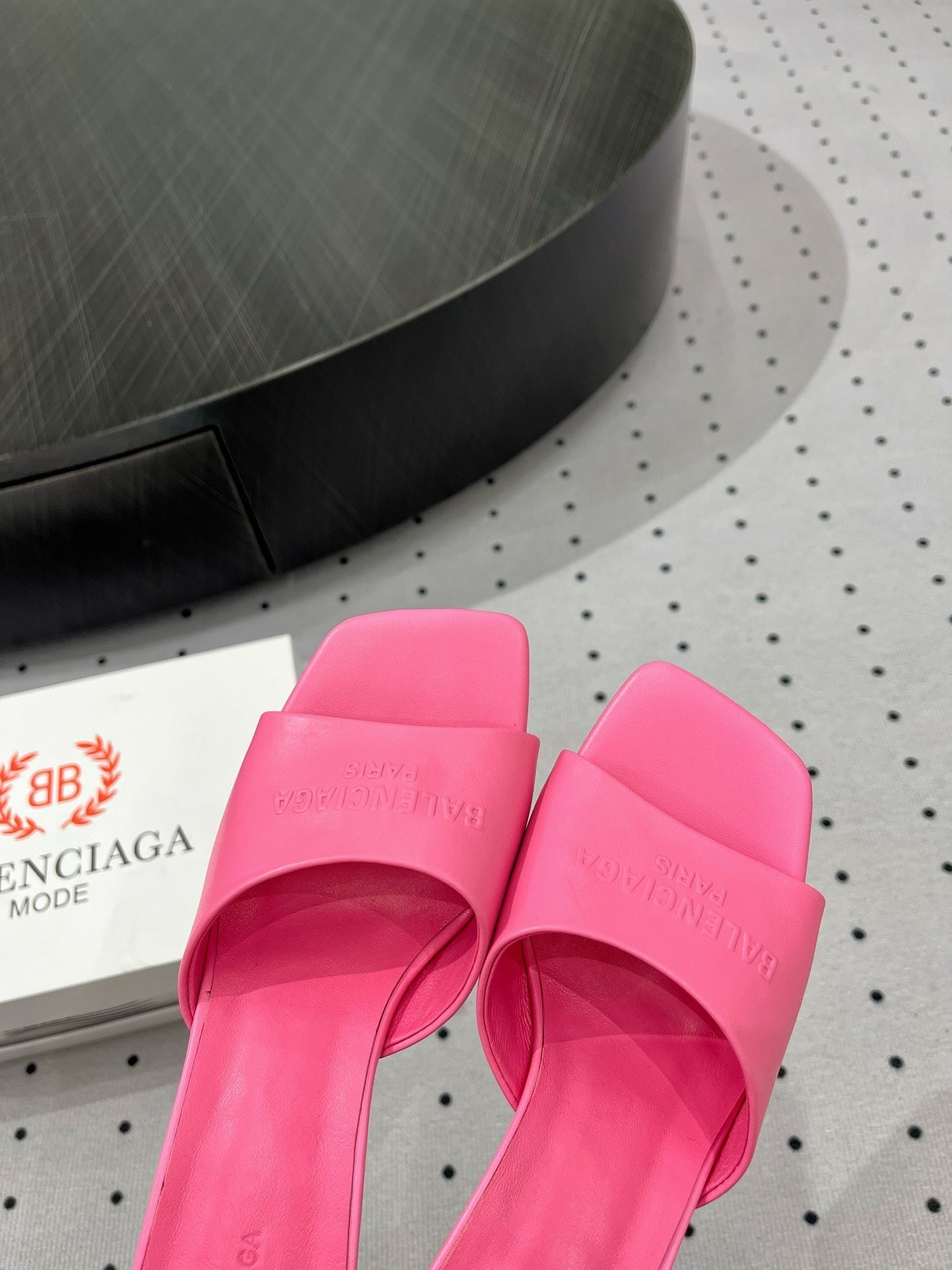 Balanciaga SQUARE-TOE MEDIUM HEEL MULES IN PINK CALFSKIN LOGO EMBOSSED