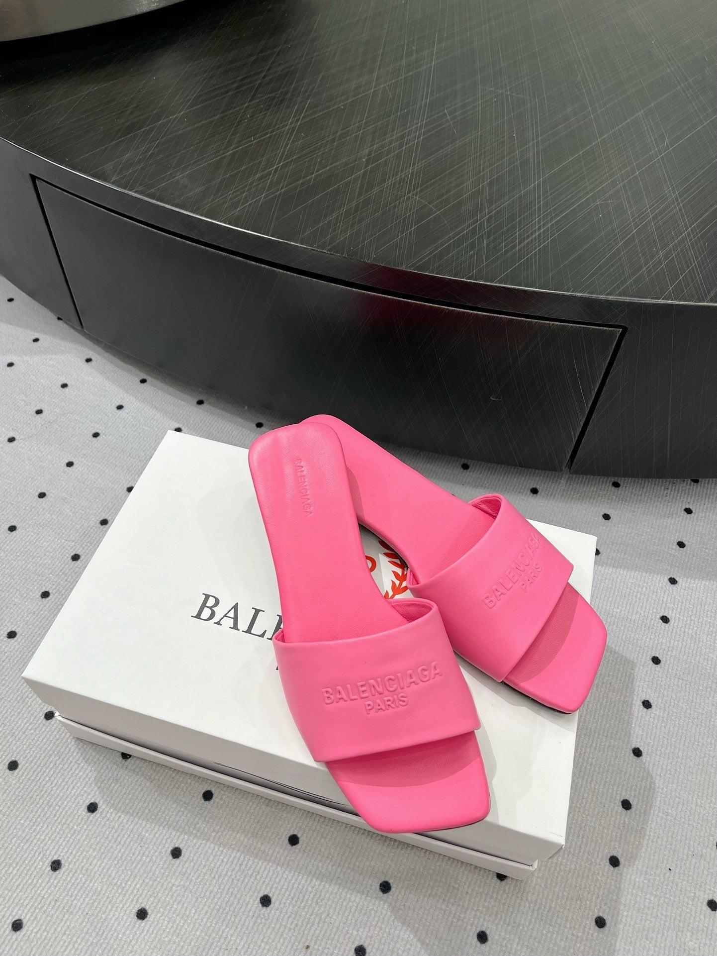 Balanciaga SQUARE-TOE MEDIUM HEEL MULES IN PINK CALFSKIN LOGO EMBOSSED
