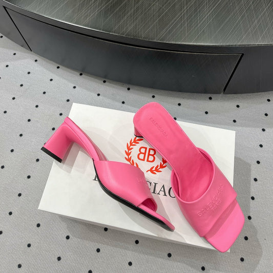 Balanciaga SQUARE-TOE MEDIUM HEEL MULES IN PINK CALFSKIN LOGO EMBOSSED