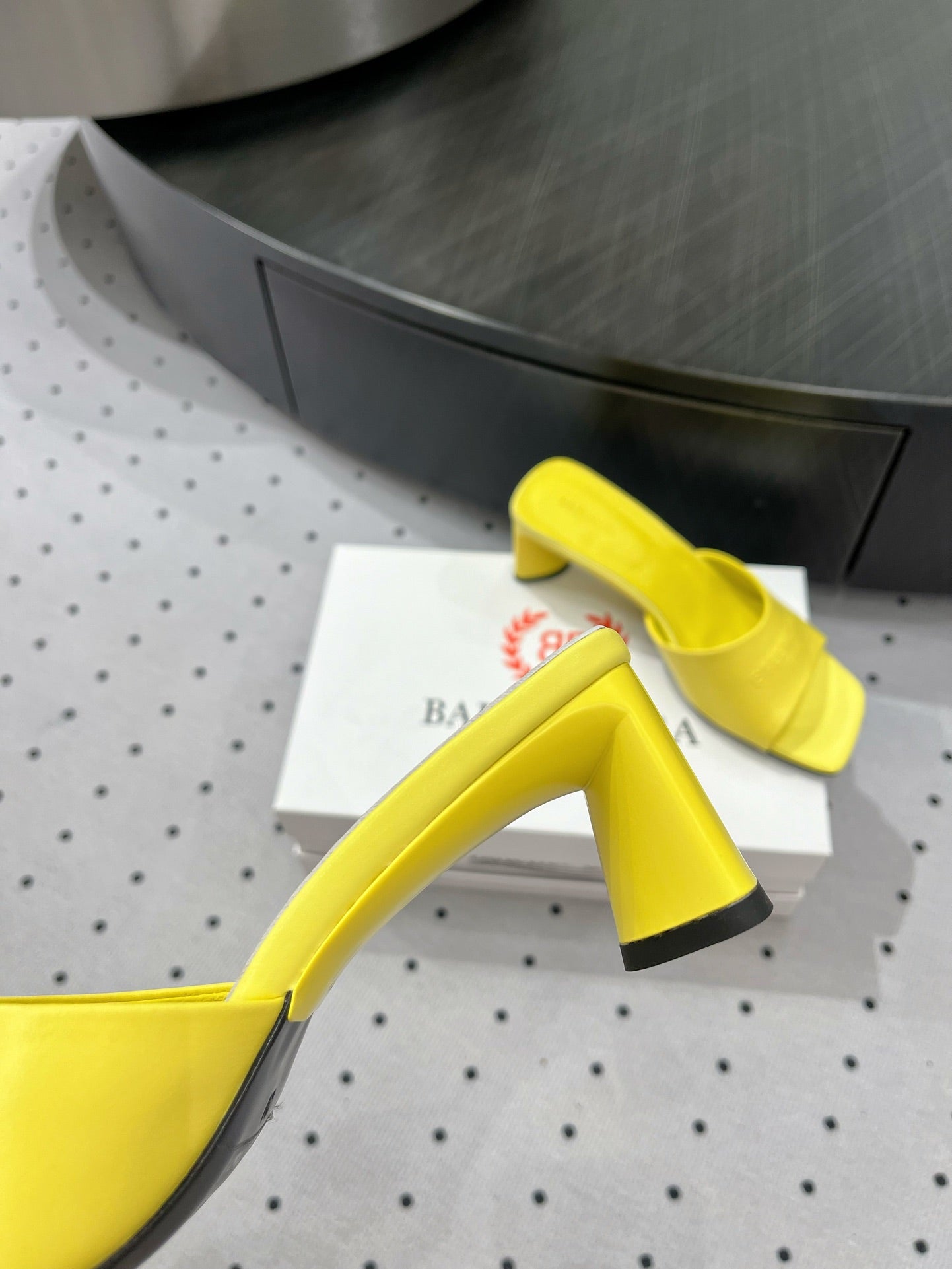 Balanciaga SQUARE-TOE MEDIUM HEEL MULES IN YELLOW CALFSKIN LOGO EMBOSSED